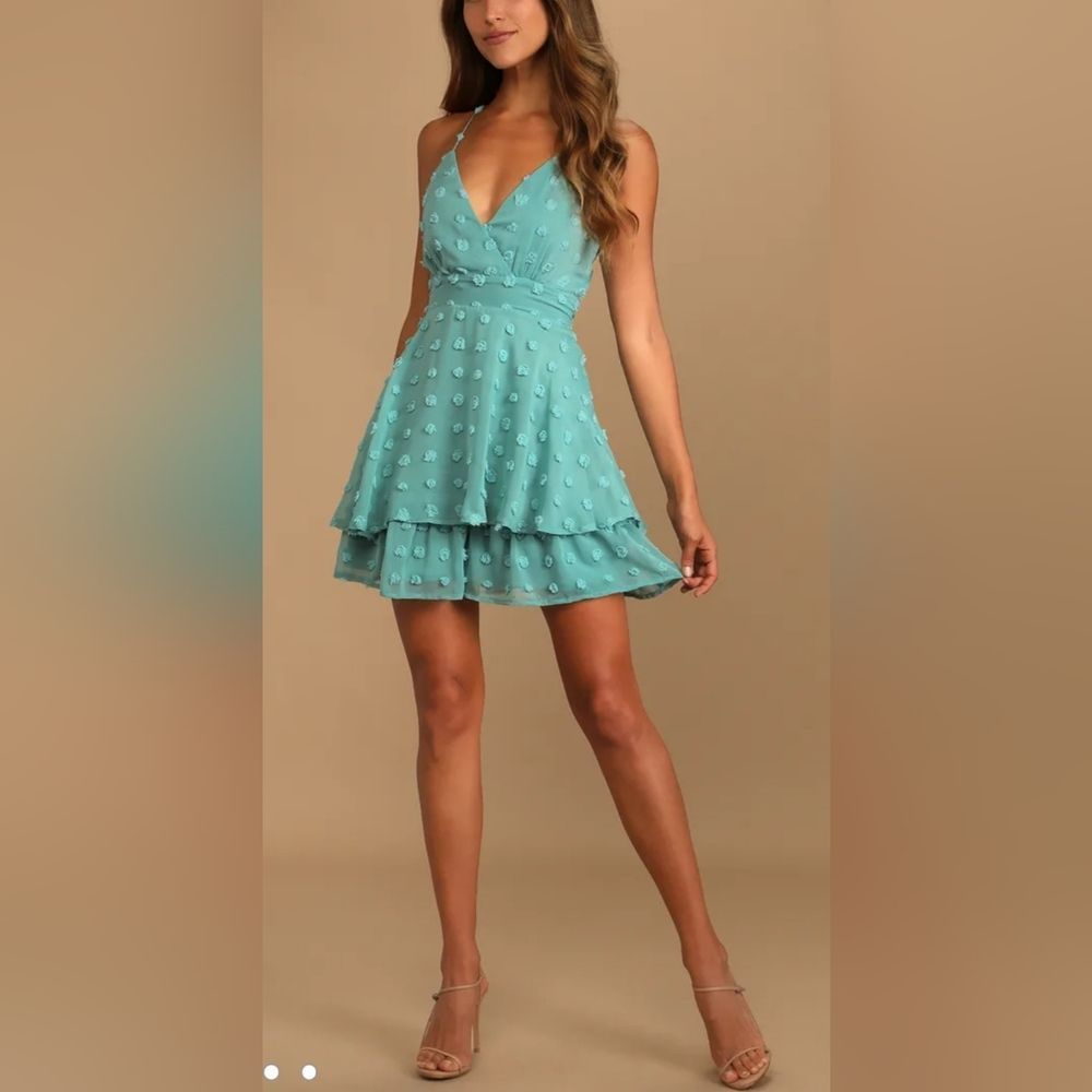 lulu's Just One Twirl Mint Blue Polka Dot Tiered Mini Skater Dress size M